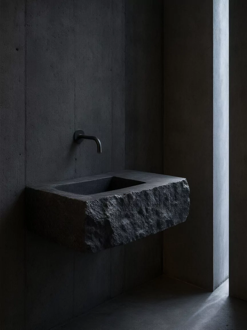 Vasque taillée dans un bloc de basalte brut, mitigeur noir, mur de pierre sombre.
