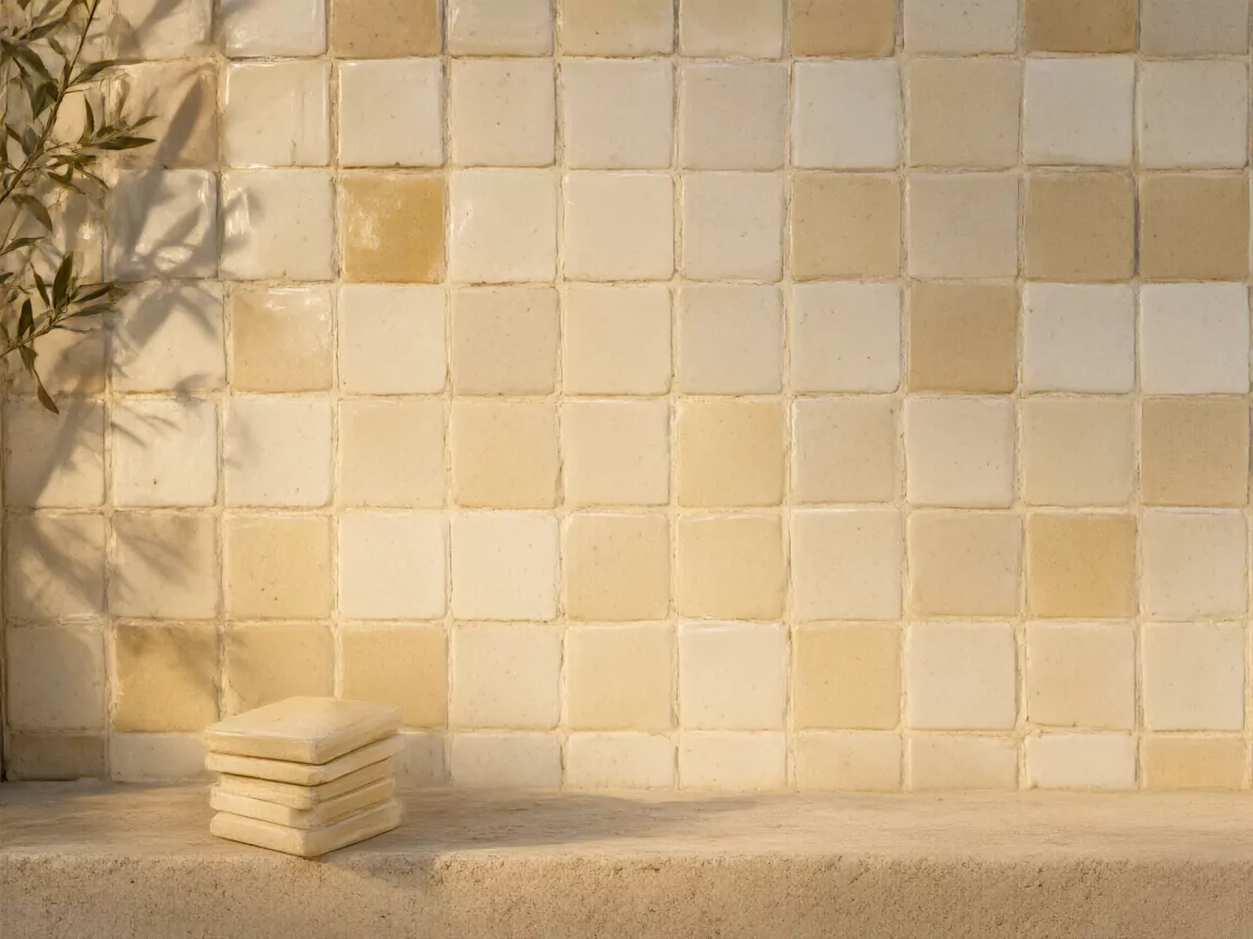 Zellige fait main, carreaux ivoire et miel posés un à un, quelques carreaux de réserve sur un rebord en travertin.