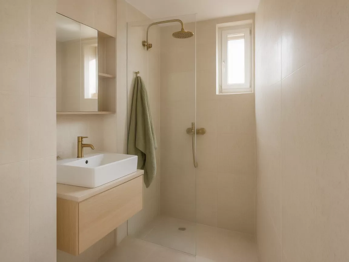 Salle de bain d’appartement neuf : grands carreaux beiges, meuble suspendu en chêne clair, douche ouverte.