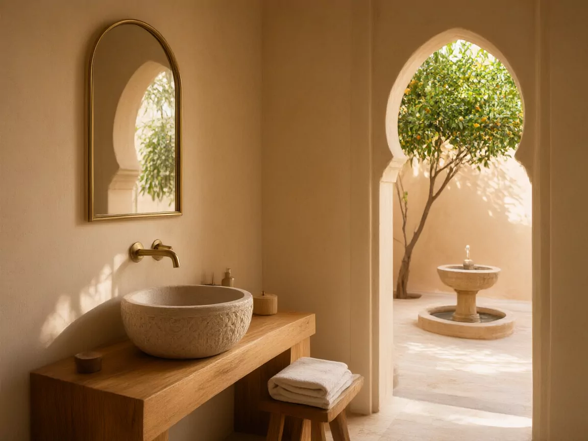 Salle de bain d’hôtel en tadelakt sable : vasque sculptée sur une console en cèdre, porte en arche vers un patio.