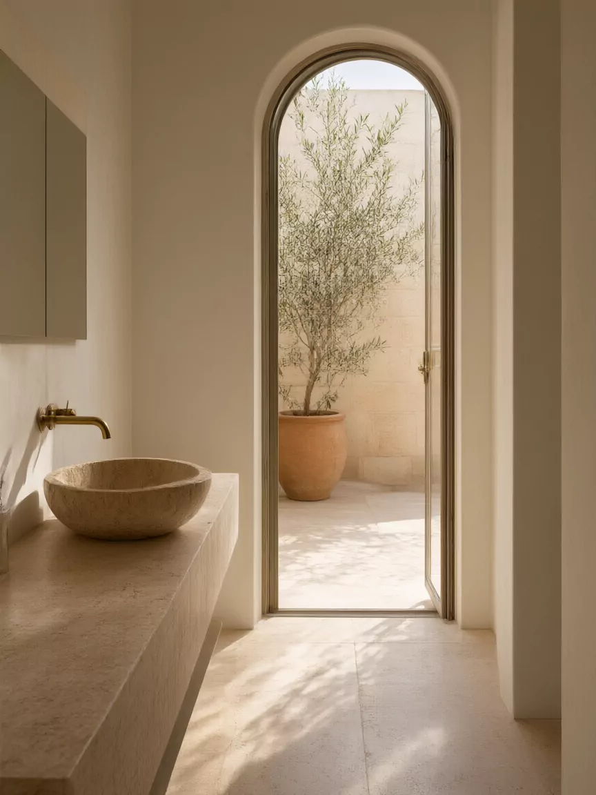 Salle de bain de villa ouverte sur un patio : plan en travertin, vasque en pierre, porte en arche vers un olivier.