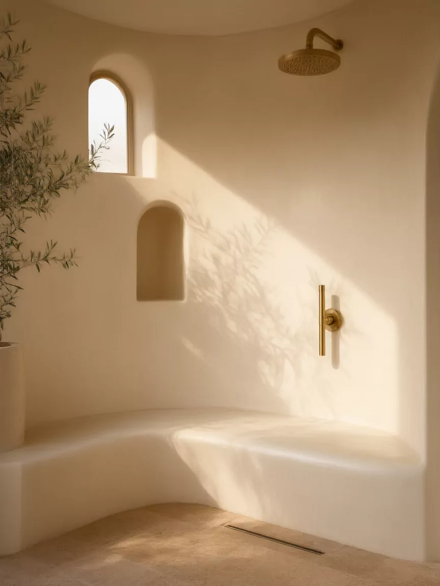 Douche à l’italienne en tadelakt ivoire : banquette, niche en arche et pomme de pluie en laiton.