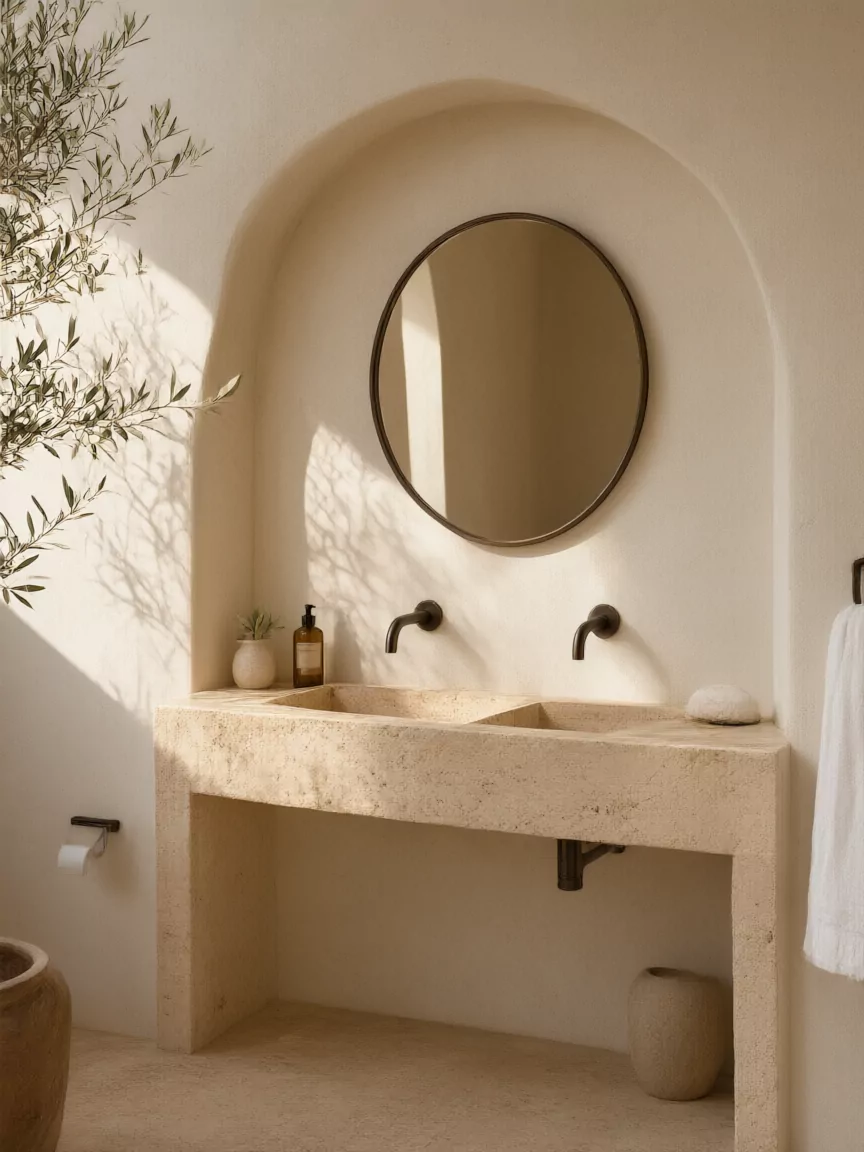 Double vasque taillée dans le travertin sous une niche en arche, miroir rond et robinetterie noire.